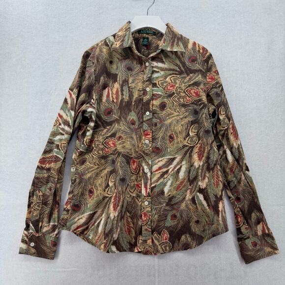 Women’s Lauren Ralph Lauren long sleeve button down peacock pattern shirt size M - Picture 1 of 3